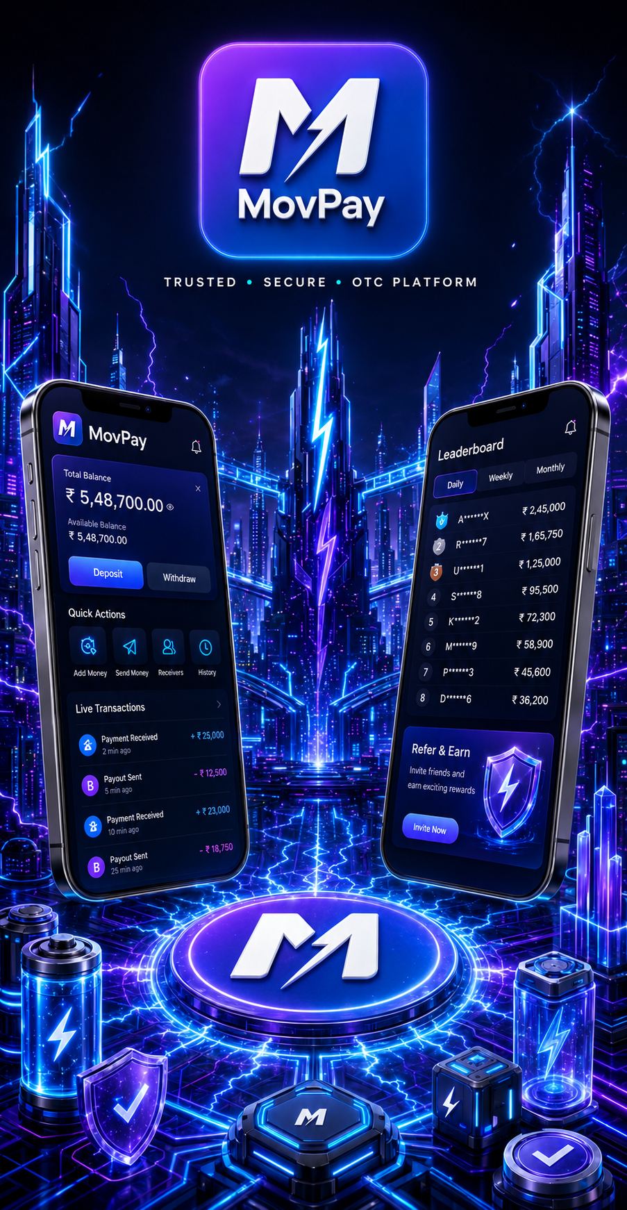 Promotional illustration of MovPay phones in a futuristic city